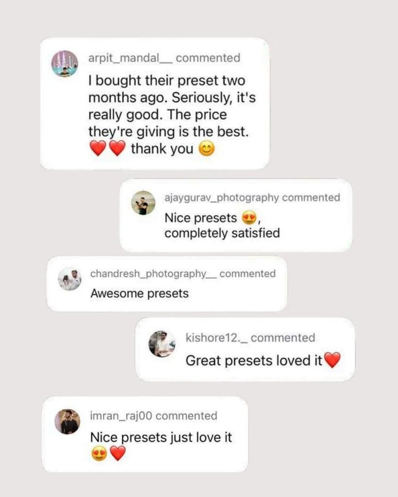 Real Instagram comments from photographers praising Hemello presets